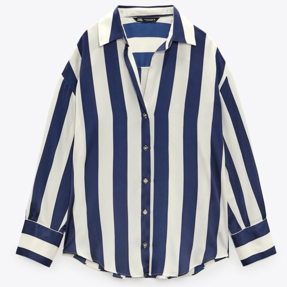 STRIPPED NAVY BLUE SATIN SHIRT